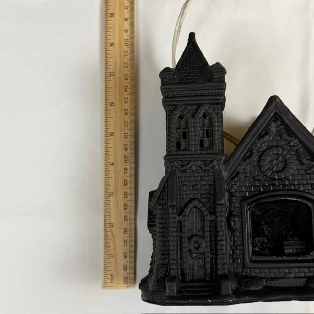 Matte Black Ceramic Halloween Spooky Church Village House Lighted Decor - Picture 11 of 13